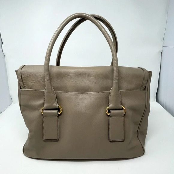 Prada Pattina Flap Satchel Saffiano Leather Medium Bag Purse Taupe - Picture 3 of 16